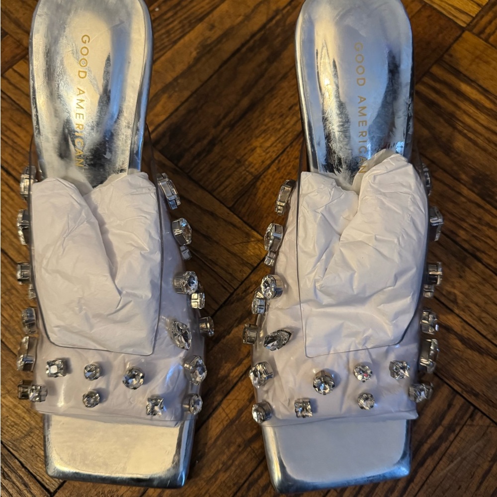Good American Silver Crystal Embellished Heels